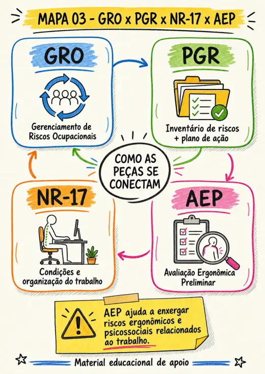 Mapa mental visual sobre GRO, PGR, NR-17 e AEP