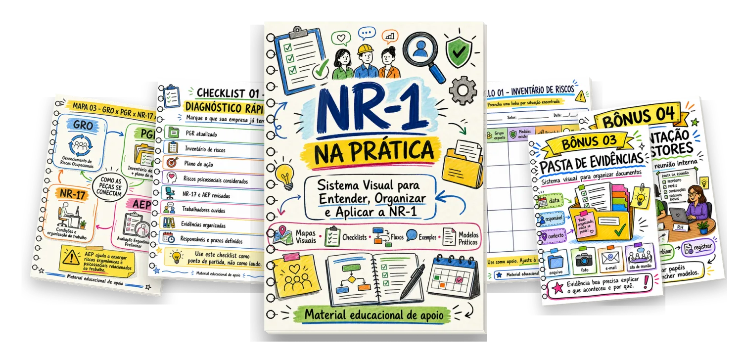Mockup realista do kit NR-1 na Prática com apostila encadernada e páginas reais do material
