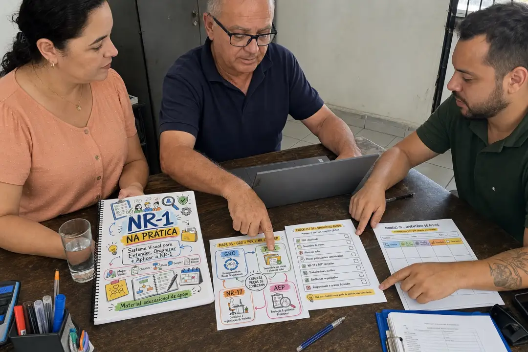 RH, gestor e consultora de SST reunidos em escritório usando páginas do material NR-1 na Prática