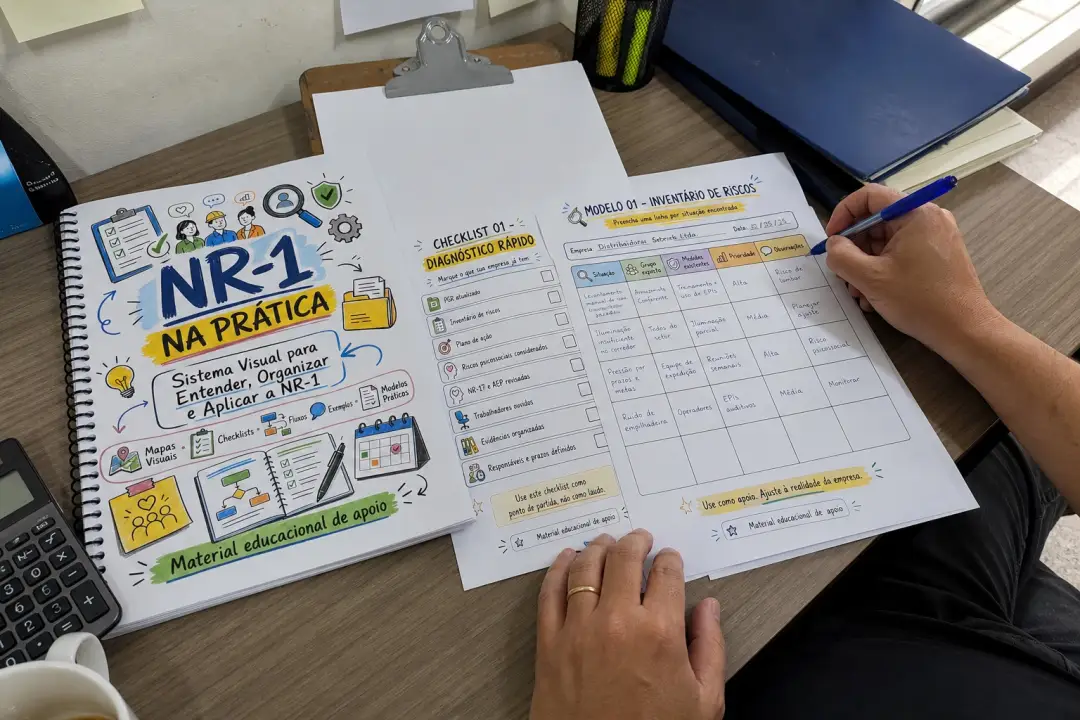Pessoa preenchendo plano de ação e checklist do material NR-1 na Prática