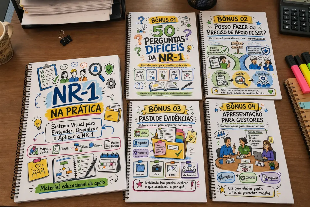 Pacote completo NR-1 na Prática impresso sobre mesa com quatro bônus separados